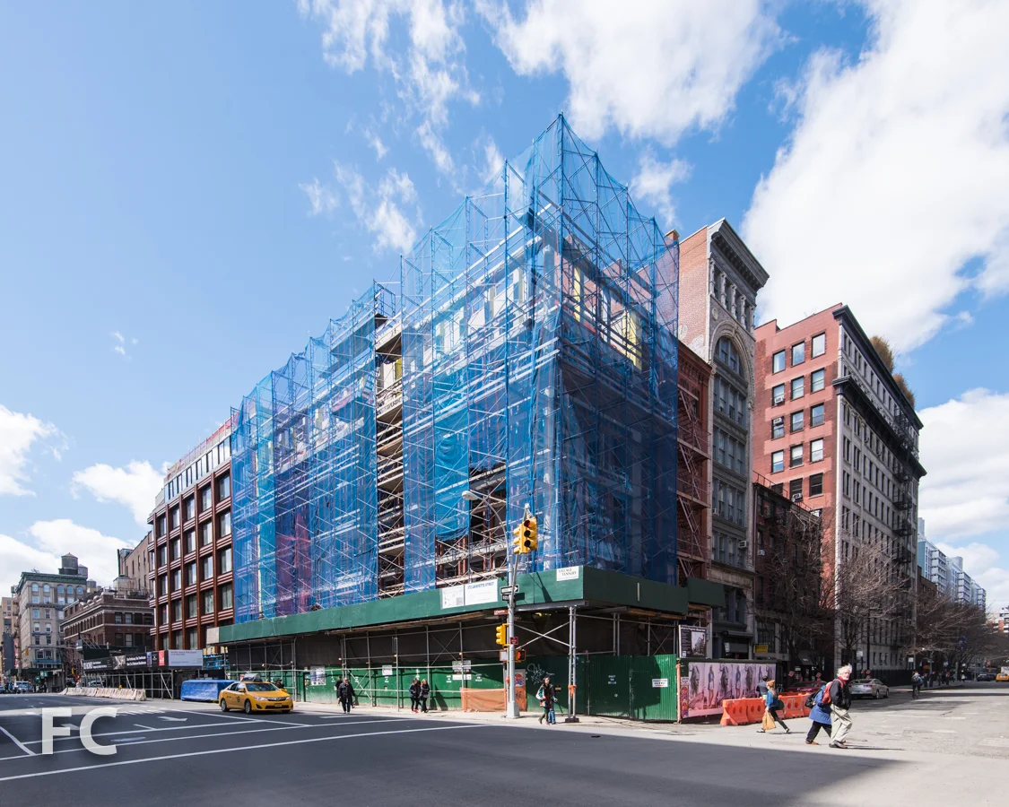Northeast corner of Morris Adjmi Architects' 372 Lafayette Street (right) and 10 Bond (left).