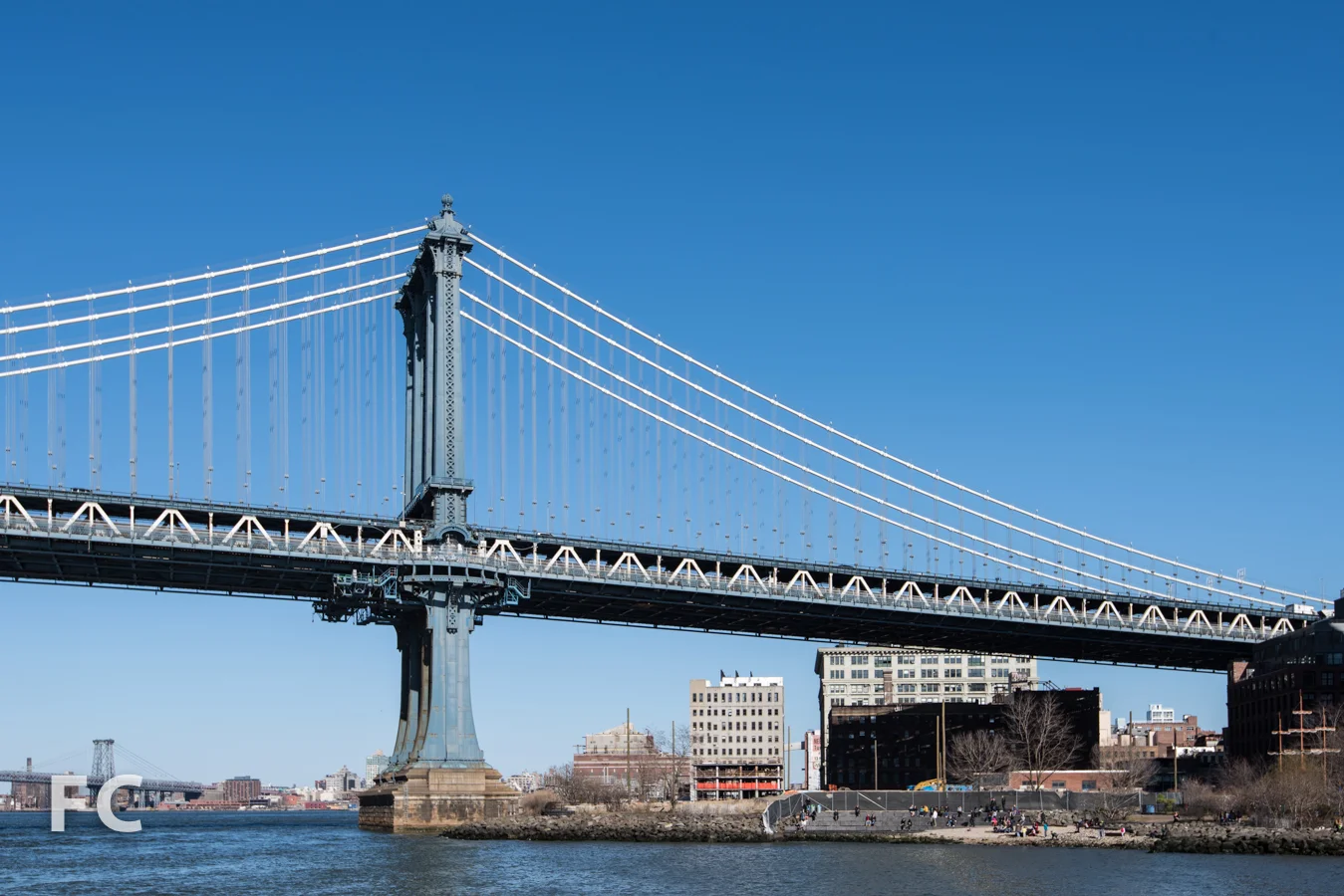 Looking east towards the Manhattan Bridge with the west facade of 1 John Street (center).