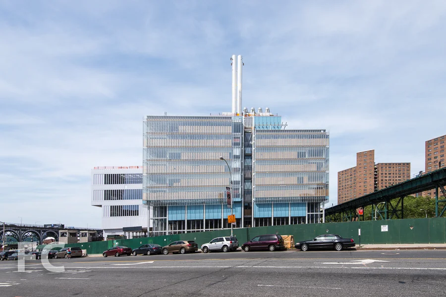 South facade of the Science Center (right) and the Center for the Arts (left) from West 125th Street.