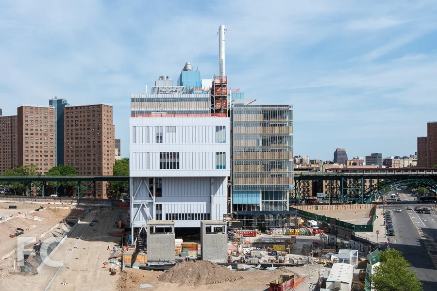 West facade of the Science Center (right) and the Center for the Arts (left) from Riverside Drive.