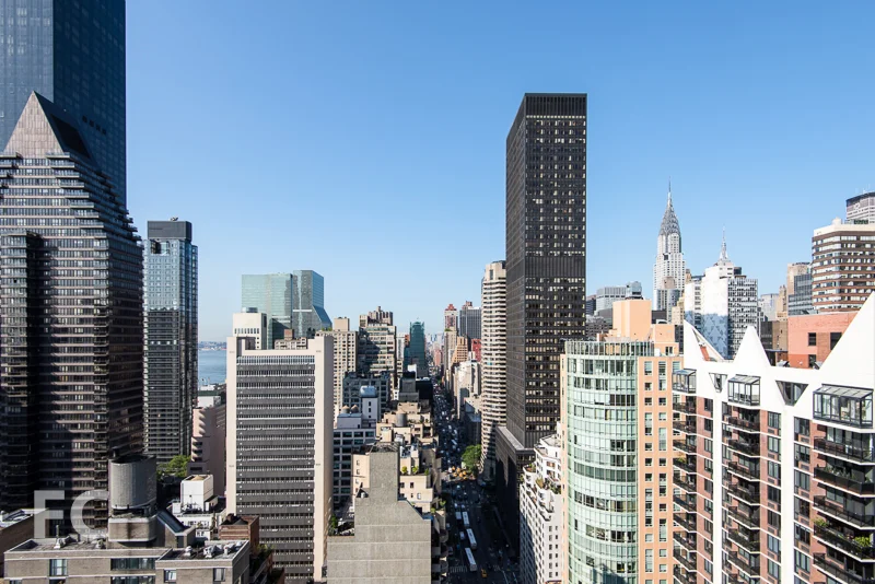 Looking south towards Midtown East from the mechanical platform. Notable buildings include the Empire State Building (far right), Chrysler Building (right), 50 UN Plaza (far left).
