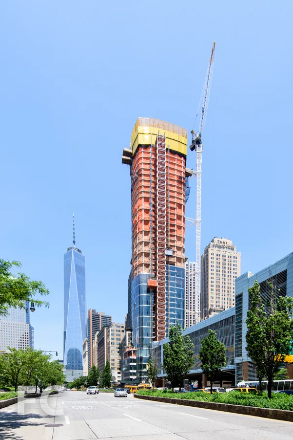 Looking north from West Street towards 50 West (center) and One World Trade Center (left).