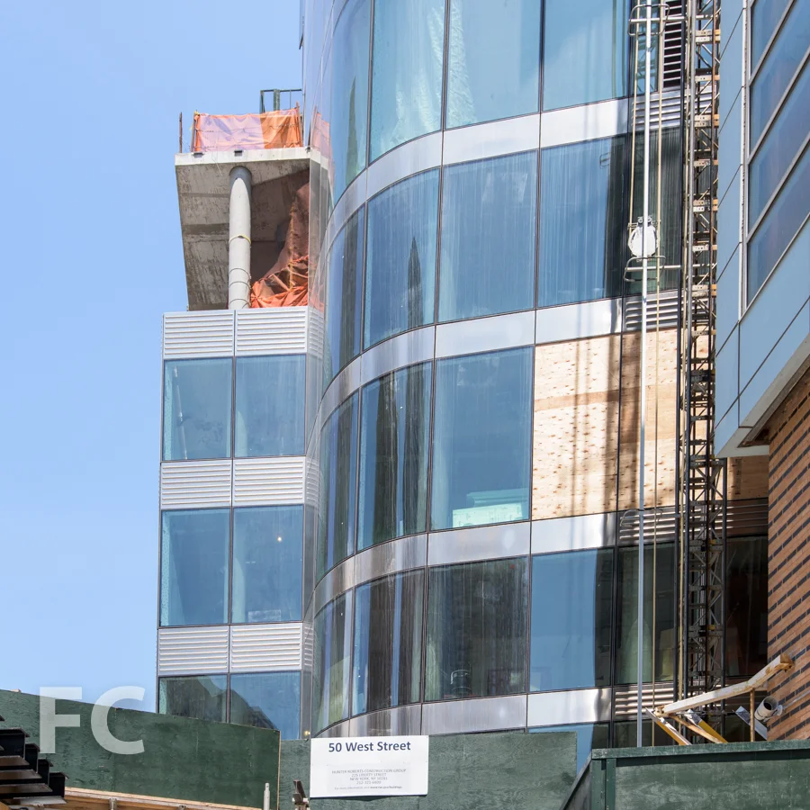 Close up view of the curtain wall on the southwest corner.