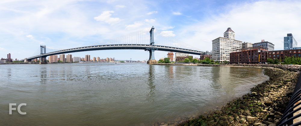 Looking east towards the Manhattan Bridge with the west facade of 1 John Street (center).