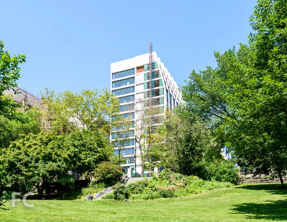 A view of the east tower from Morningside Park.