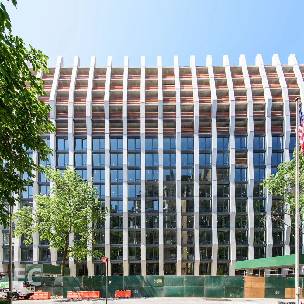 North facade of the west tower from West 113th Street.