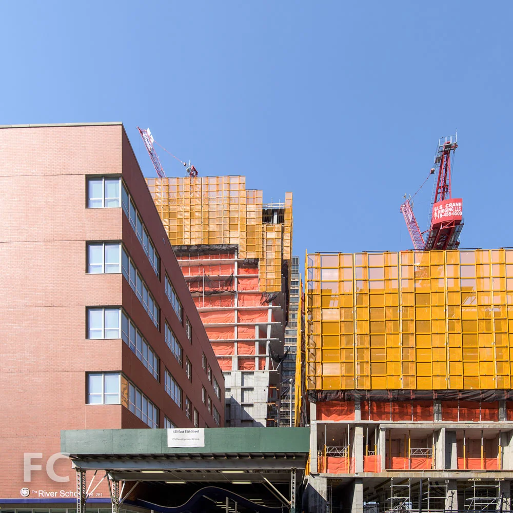 Closeup view of the structure of the north (left) and south (right) towers from East 35th Street.
