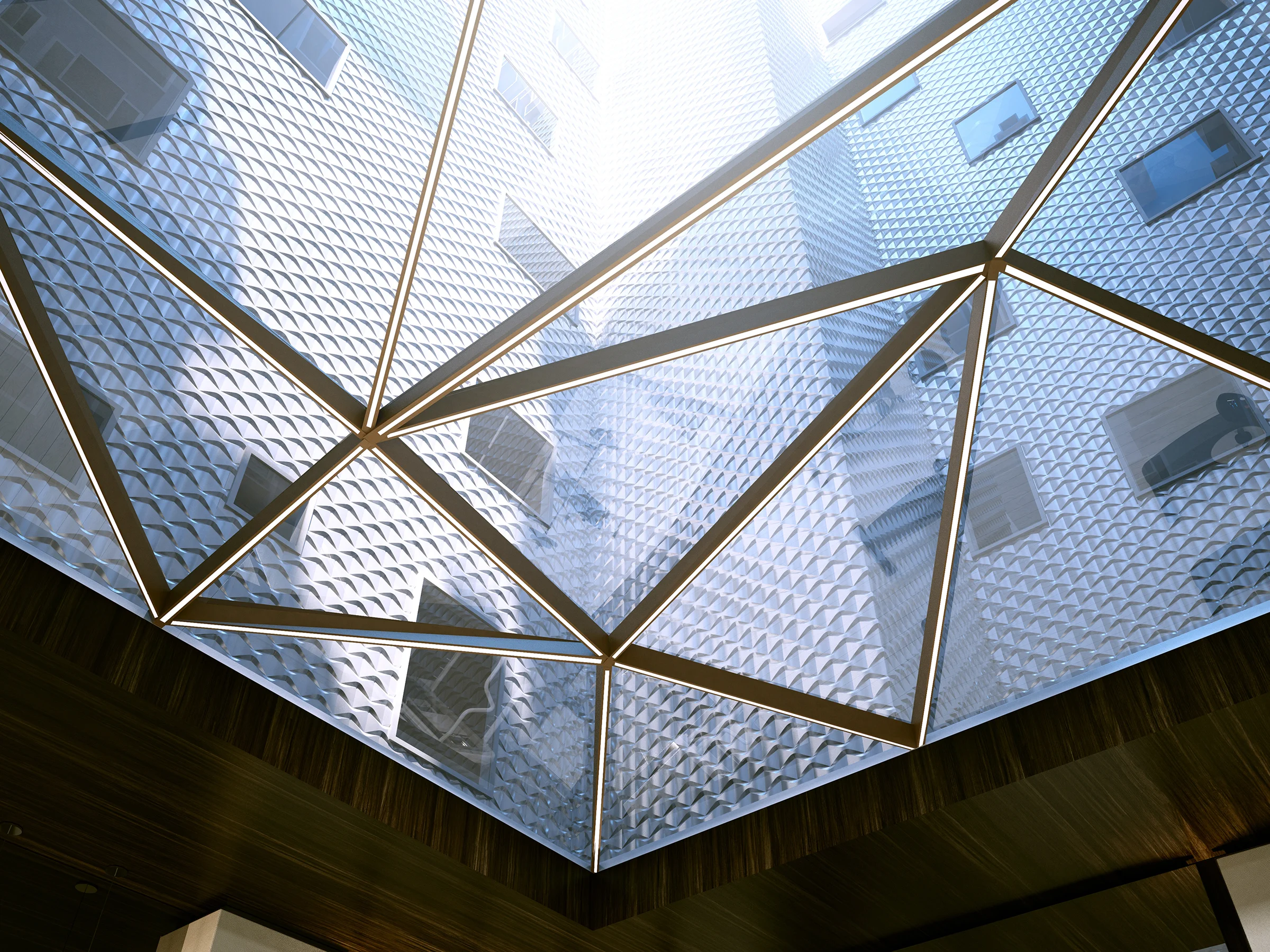 A rendering looking up through the glass enclosure at the base of the courtyard atrium.