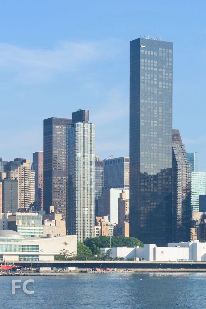 View of 50 UN Plaza (left) and Trump World Tower (right) from Queens.