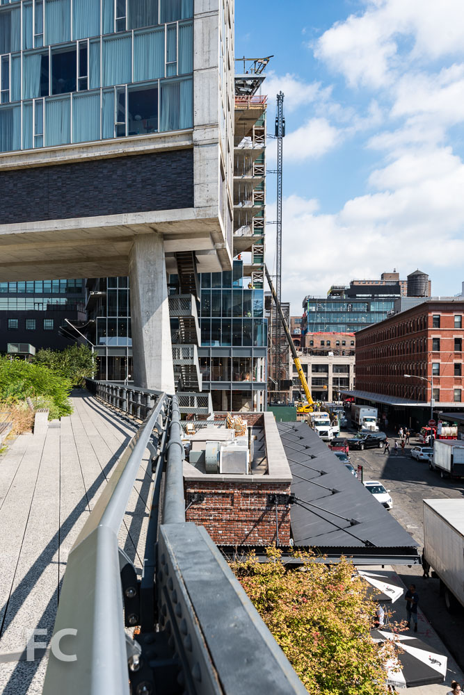Southeast corner of the Standard Hotel (far left) and 860 Washington (center) from the High Line park.