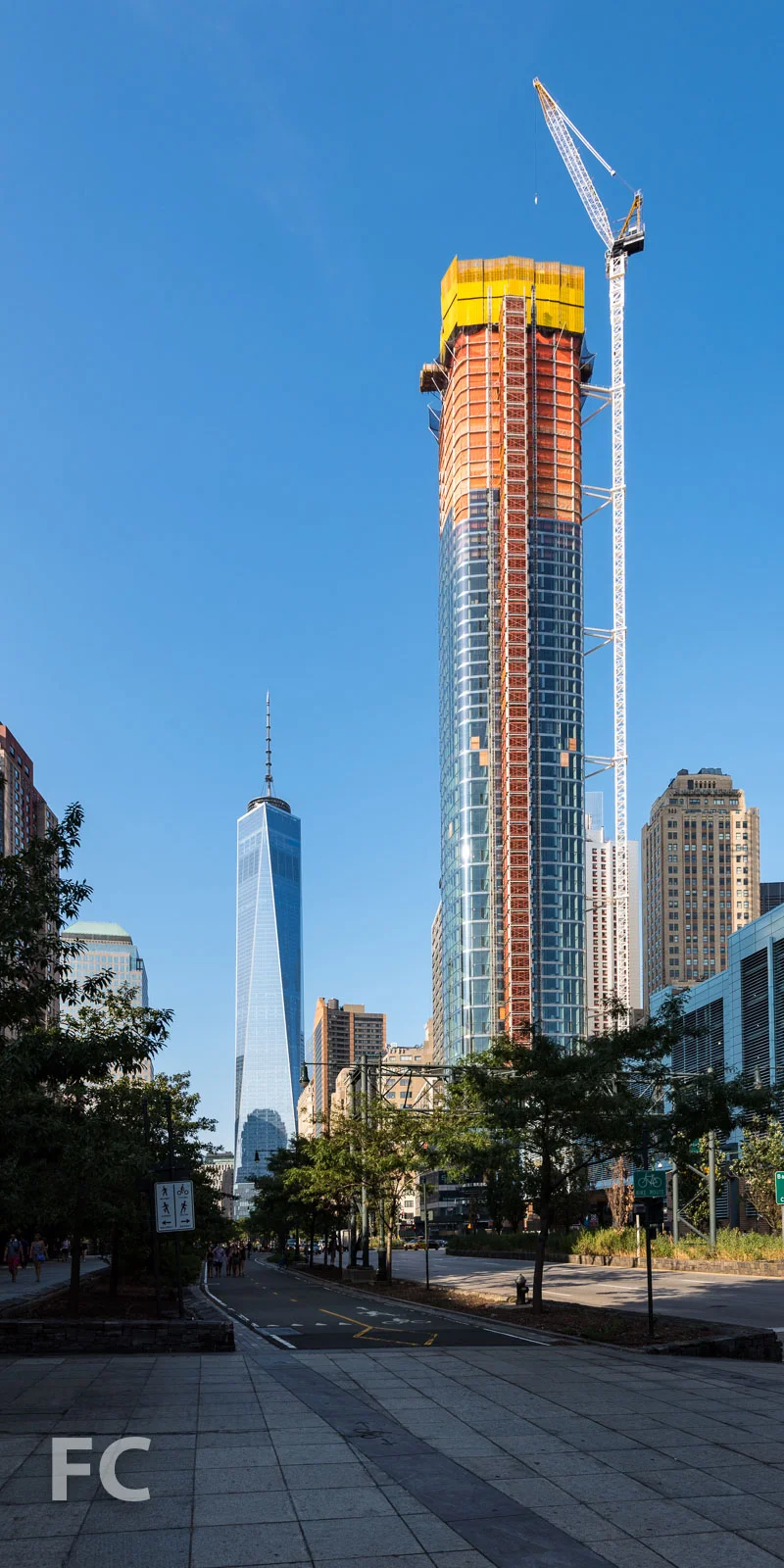 Looking north from the Hudson River Greenway towards 50 West (center) and One World Trade Center (left).