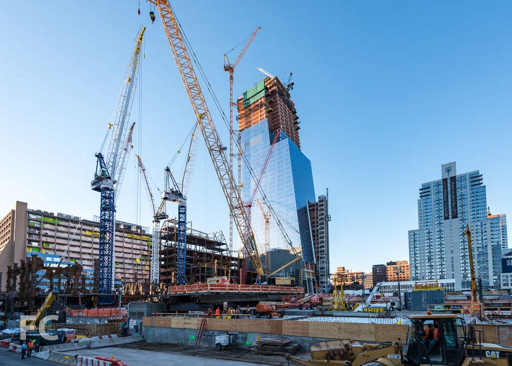 Looking southeast towards 30 Hudson Yards (left), the retail podium (center), and 10 Hudson Yards (right).