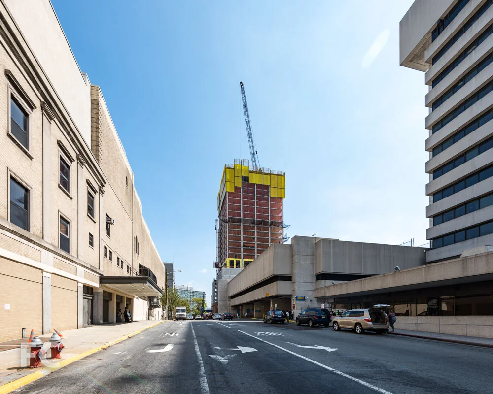 West facade of the phase one tower from Pavonia Avenue.