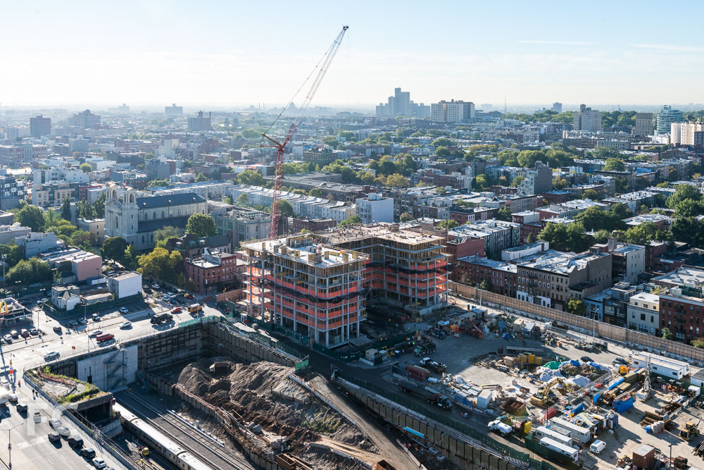 Aerial view of the construction site for 550 Vanderbilt and the adjoining park.