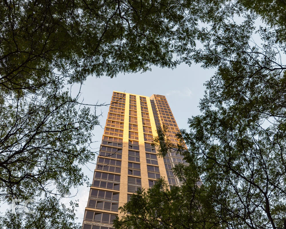 Looking up at the east façade of the tower.