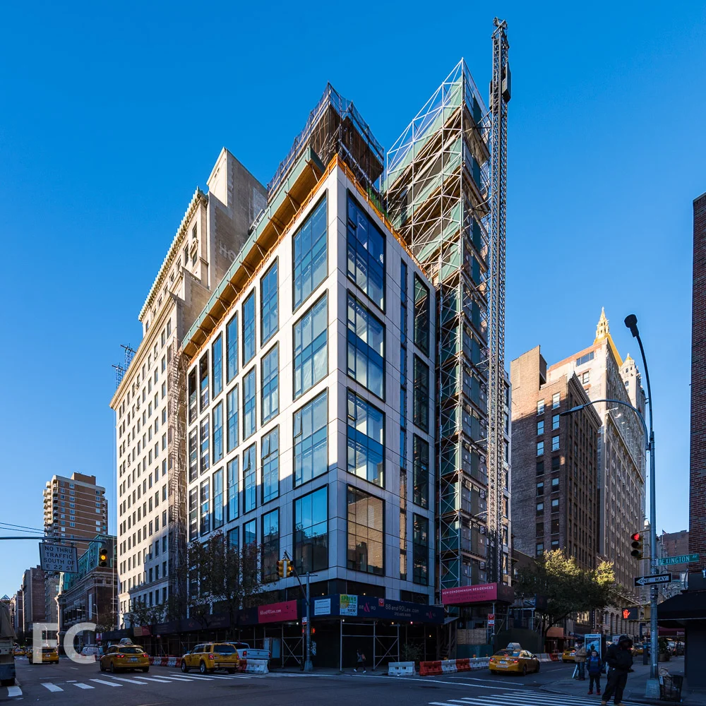 Northeast corner of 88 Lexington (left) and 90 Lexington (right) from East 27th Street and Lexington Avenue.