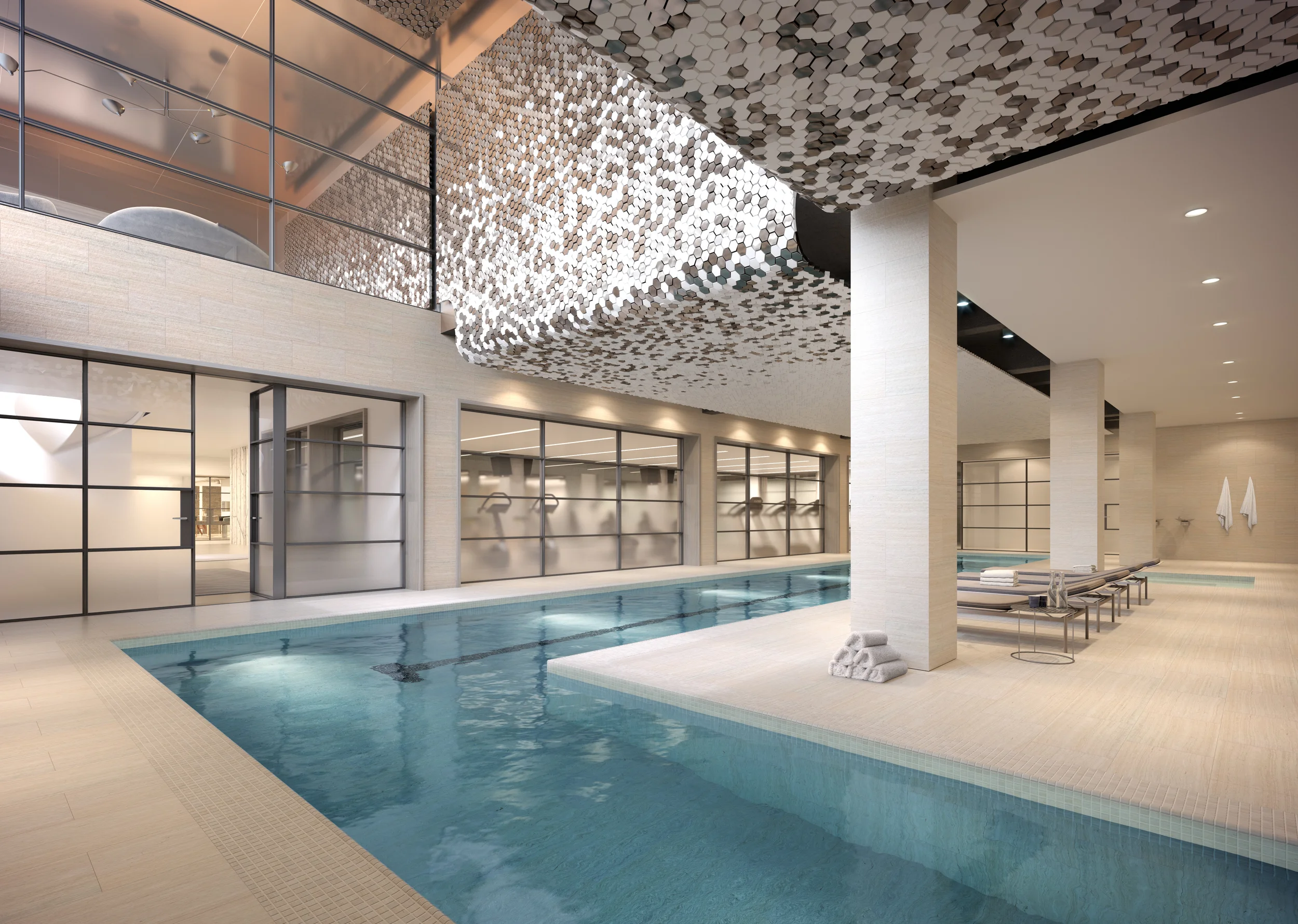 Rendering of the swimming pool with gym beyond.