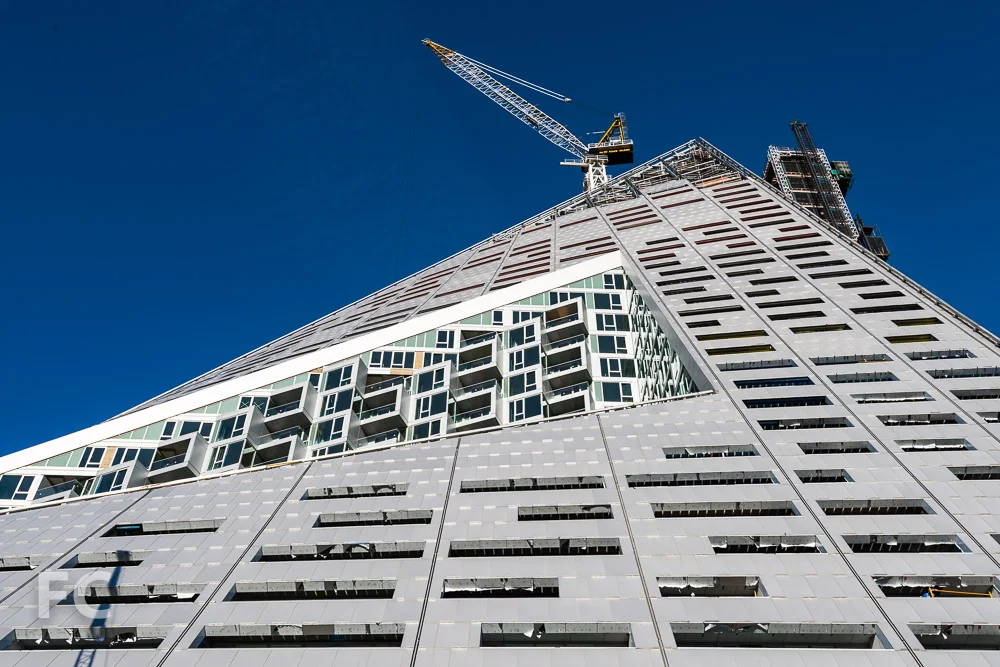 Looking up at the south façade from West 57th Street.