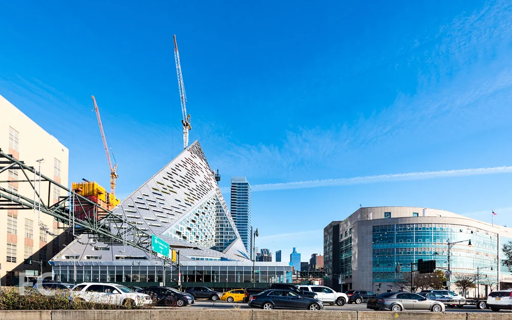 West façade from the Hudson River Greenway.