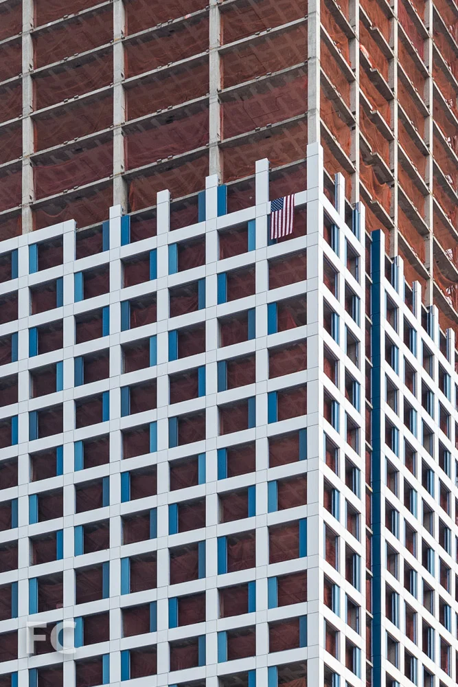 Close-up of the southwest corner of the phase one tower facade.