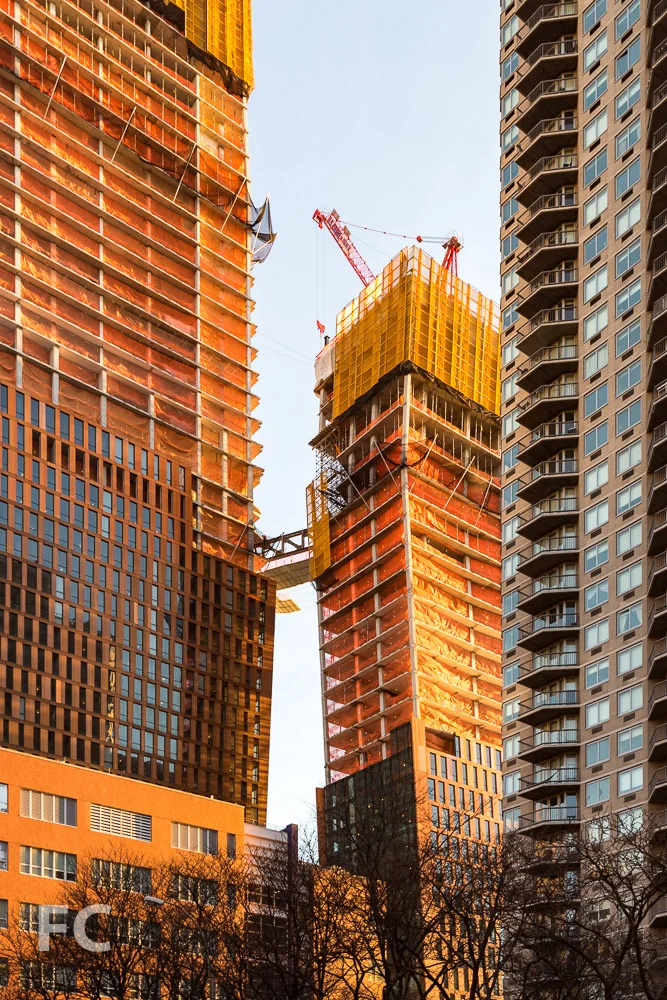 Close-up of the skybridge under construction between the north (left) and south (right) towers.