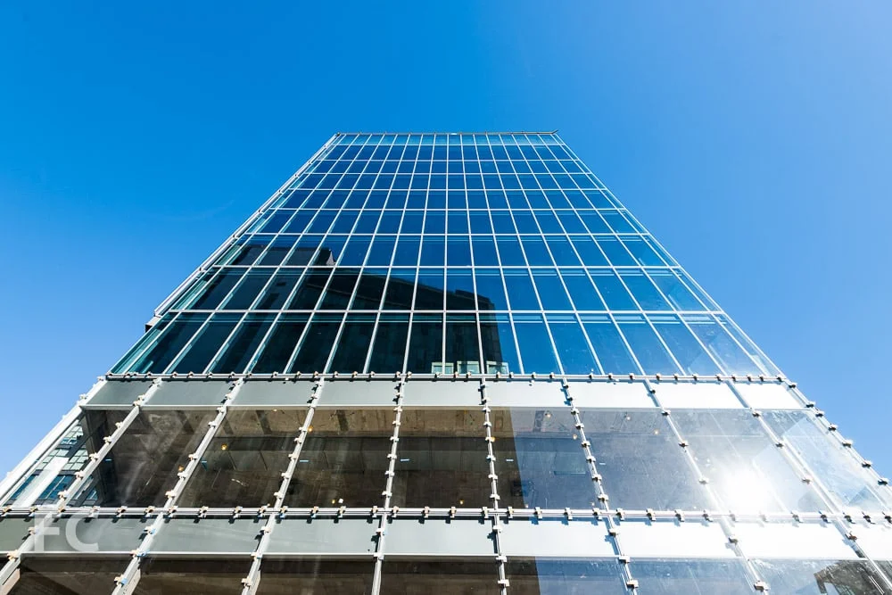 Looking up at the south facade from West 13th Street.