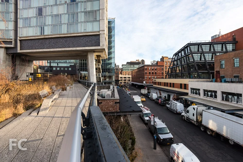 Southeast corner of the Standard Hotel (far left) and 860 Washington (center) from the High Line park.