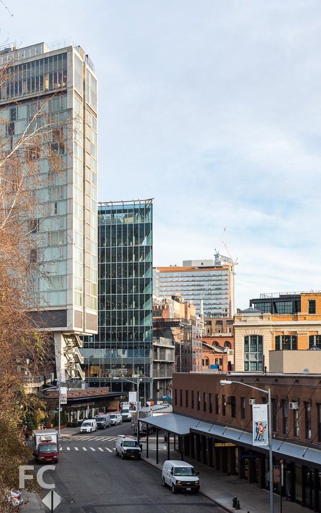 Southeast corner of the Standard Hotel (far left) and 860 Washington (center) from the High Line park.