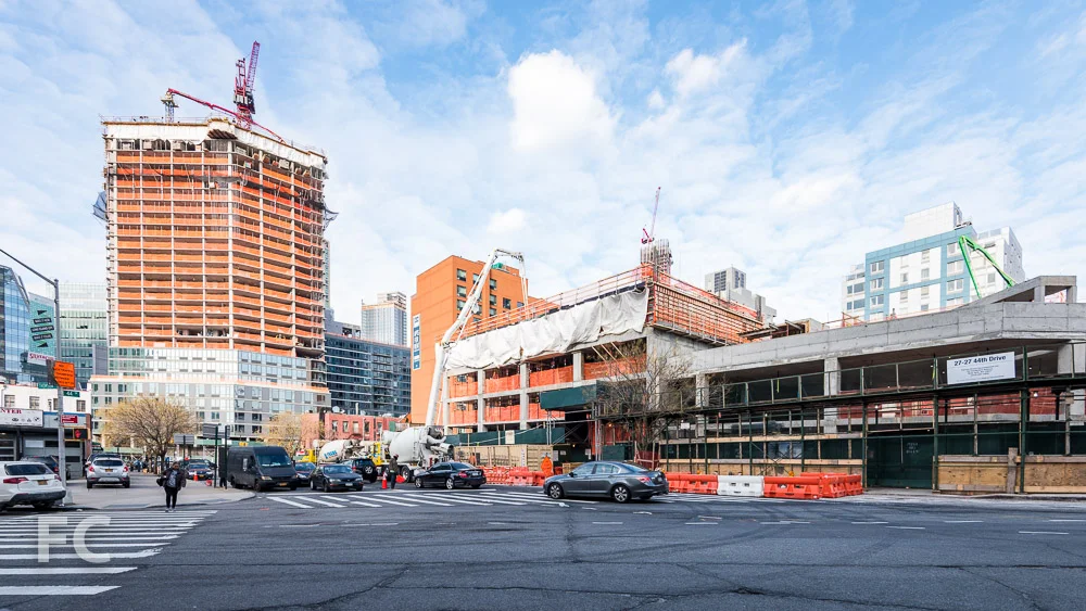 Looking north from the intersection of 44th Drive and Thomson Avenue with 43-25 Hunter Street (far left), Watermark Court Square (left), 27-21 44th Drive (right), and 44-28 Purves Street (far right).