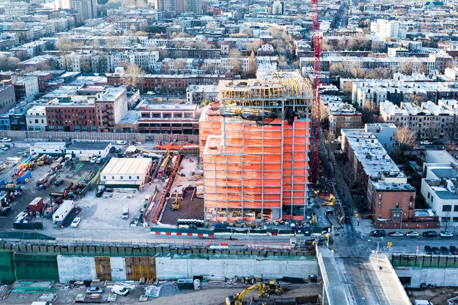 Aerial view of the north facade of 535 Carlton.