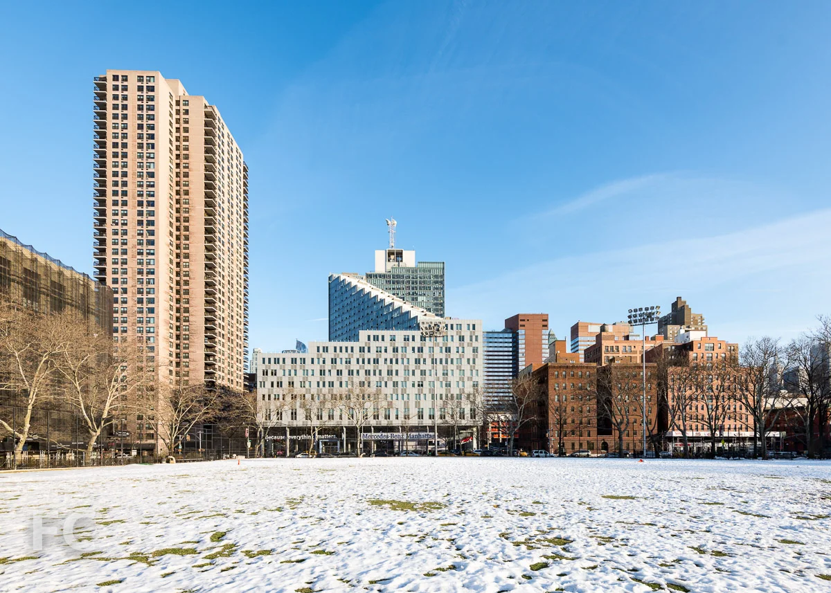Looking east towards the northwest corner of the project and the Mercedes House from De Witt Clinton Park.