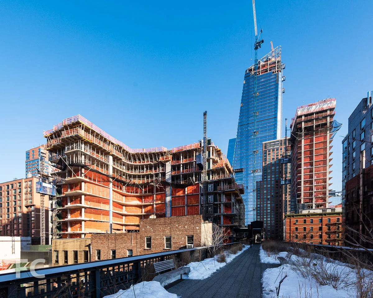 Looking north from the High Line towards 520 W 28 (left), 10 Hudson Yards (right), and 507 W 28 (far right).