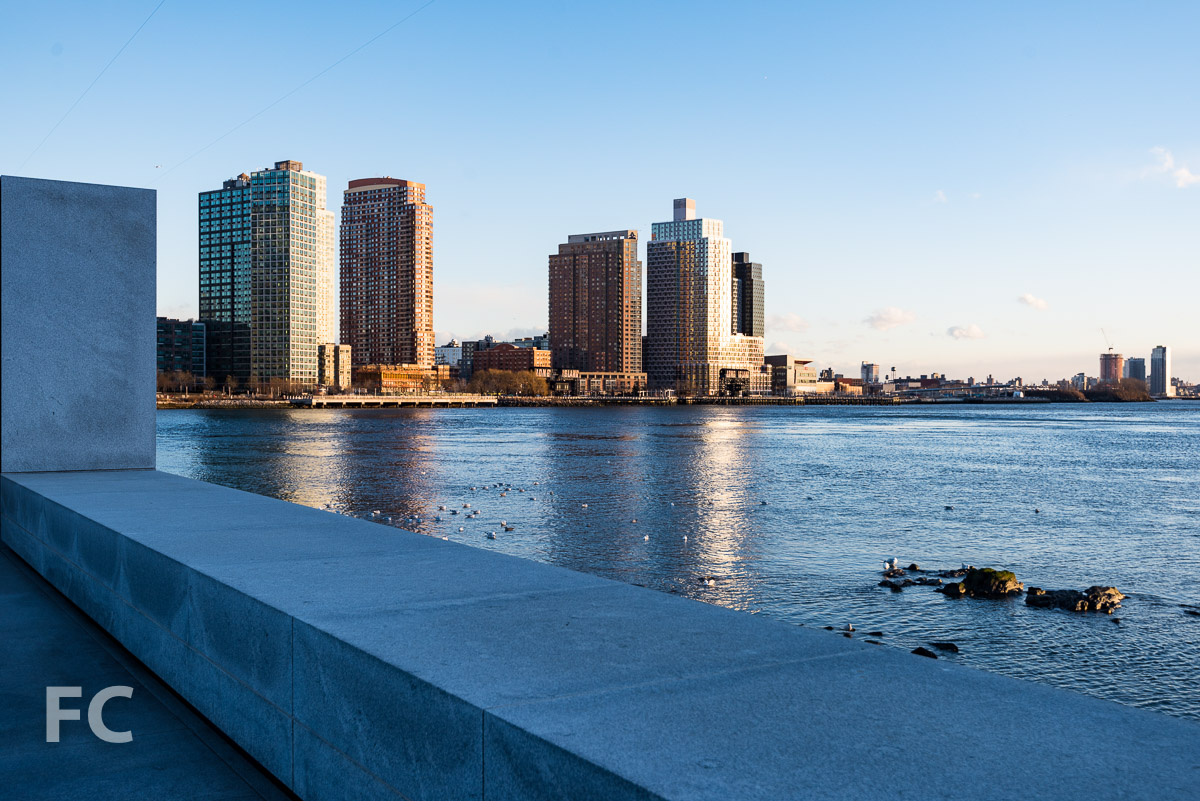 The library structure seen among the towers of the Queens waterfront from the Franklin D. Roosevelt Four Freedoms Park.