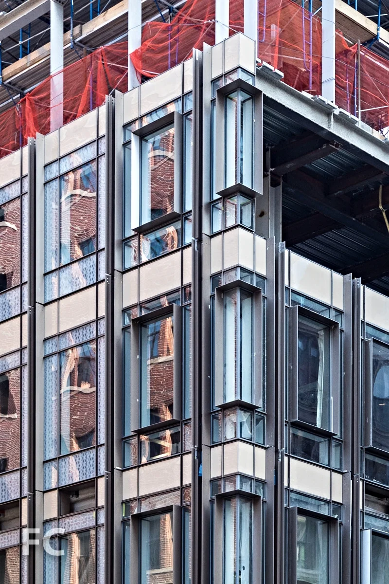 Close-up of the curtain wall at the southeast corner.