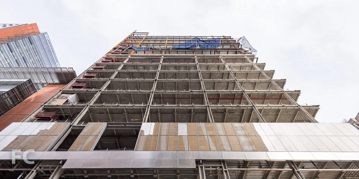 Looking up at the south façade from East 68th Street.