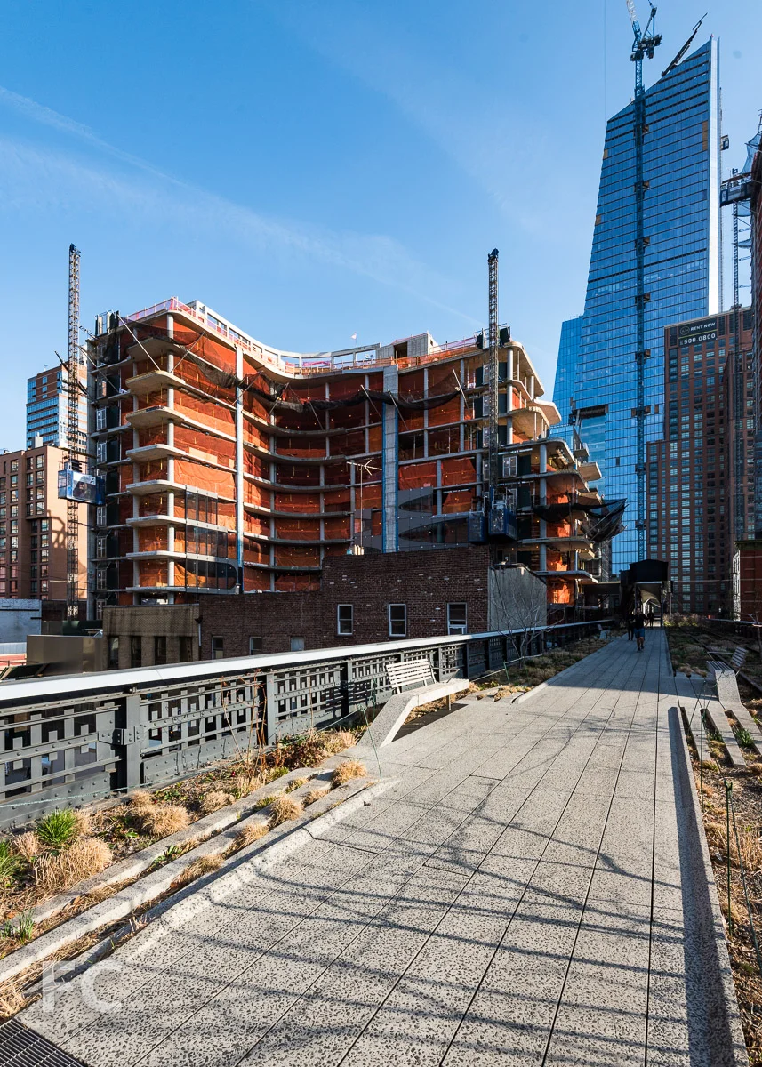 Looking north from the High Line towards 520 W 28 (left), 10 Hudson Yards (right), and 507 W 28 (far right).