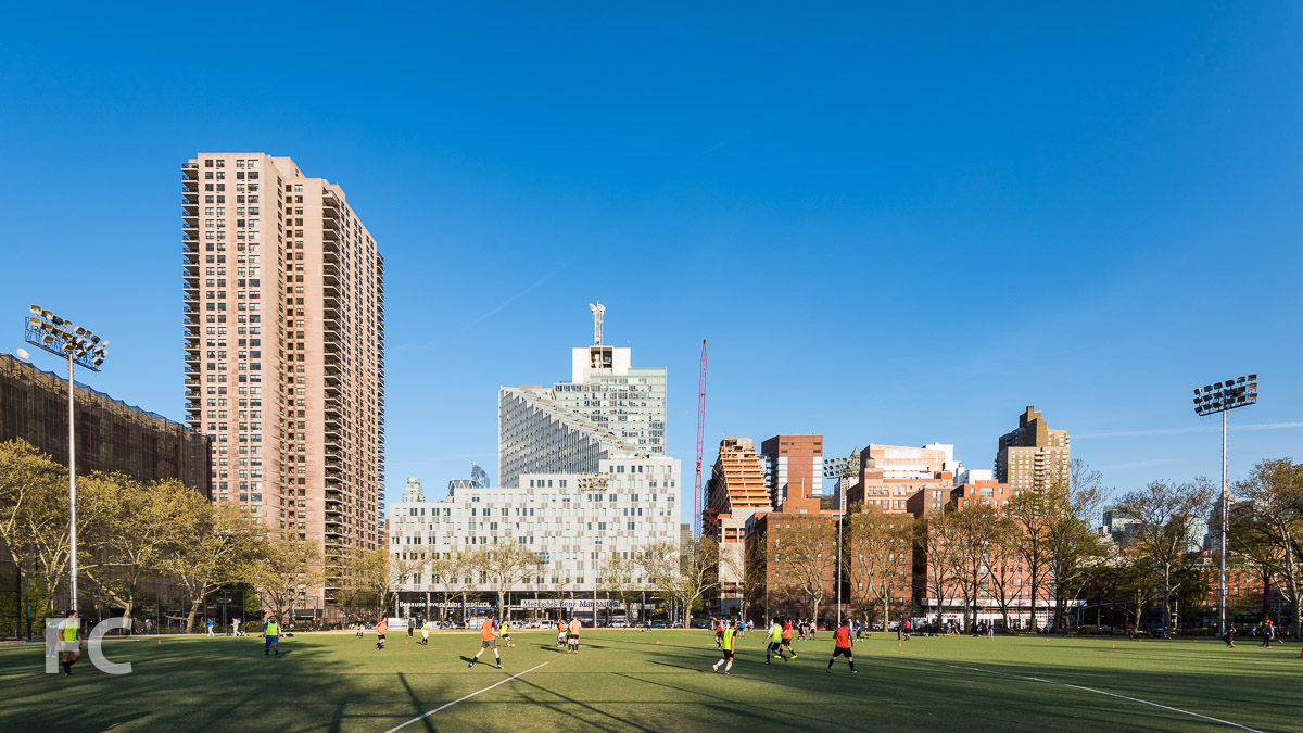 Looking east towards the northwest corner of the project and the Mercedes House from De Witt Clinton Park.