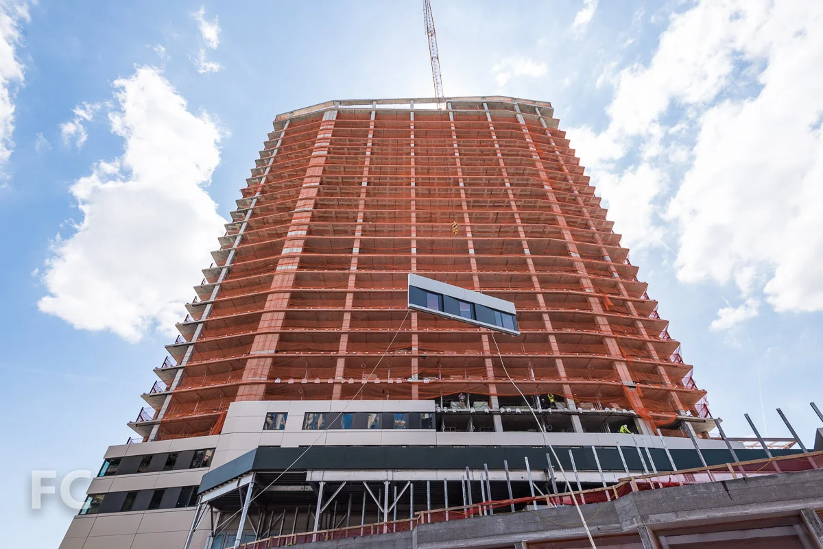 Looking up at the north facade of the Cornell Tech Residential Building.