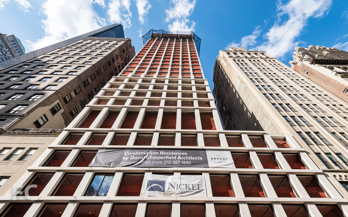 Looking up at the north facade from West 40th Street.
