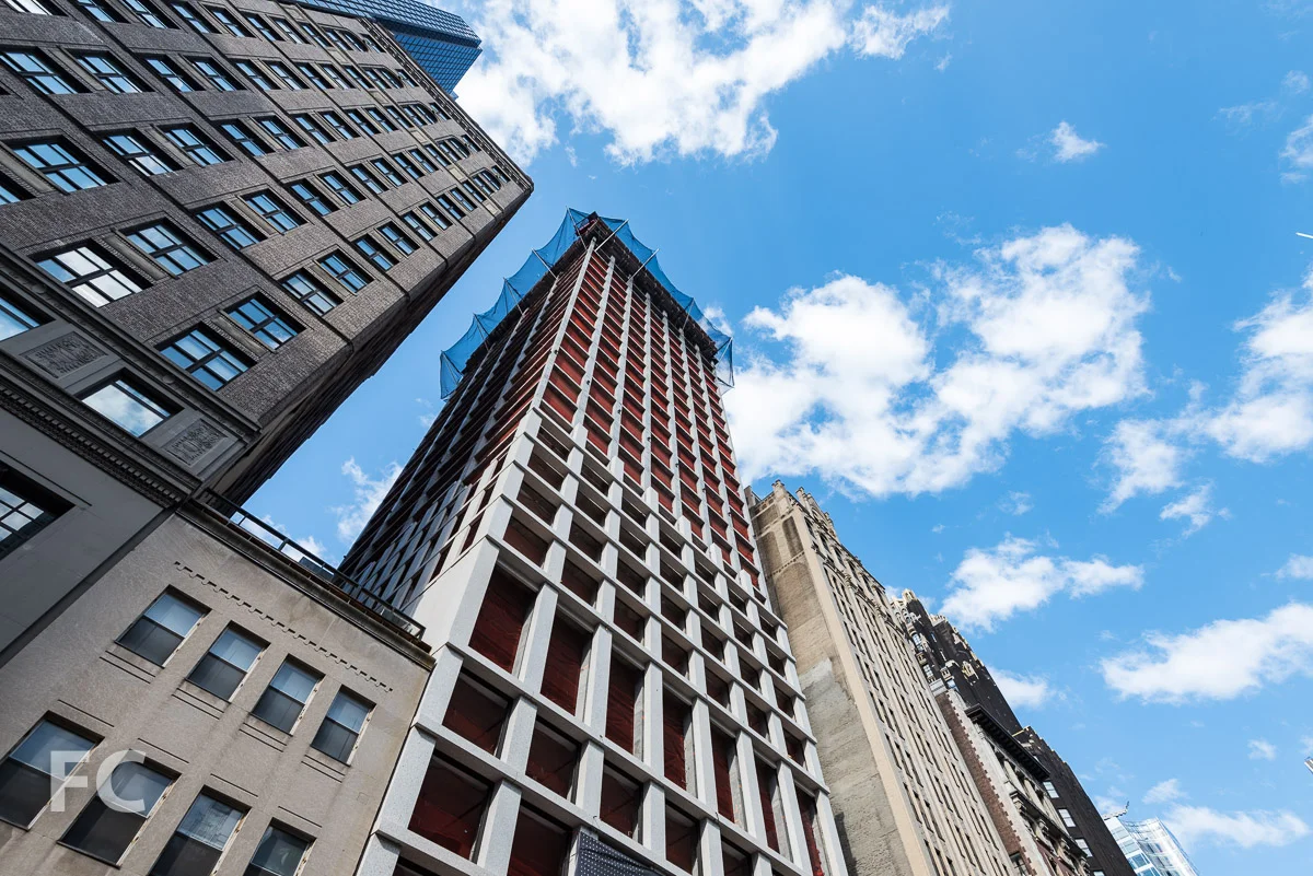 Looking up at the northeast corner from West 40th Street.