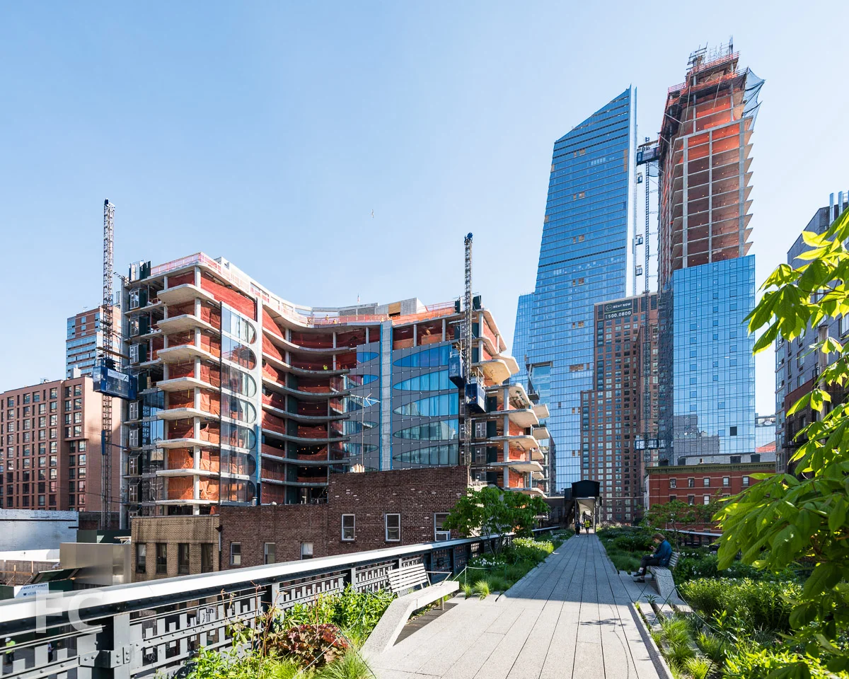 Looking north from the High Line towards 520 W 28 (left), 10 Hudson Yards (right), and 507 W 28 (far right).