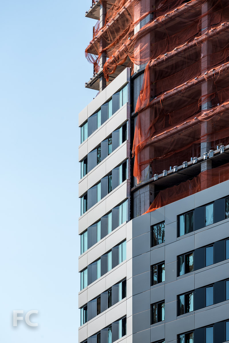 Close-up of the northeast corner of the residential tower.