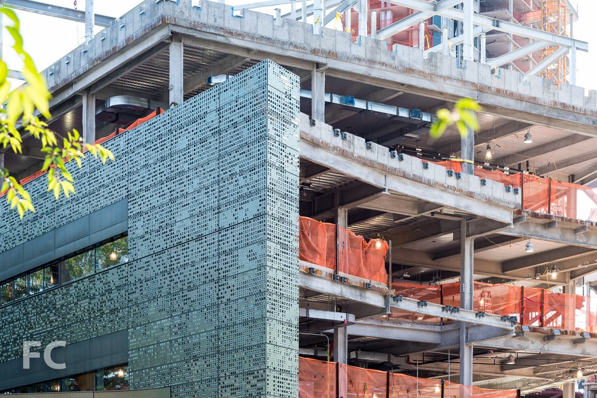 Close-up of the southwest corner of the Bloomberg Center.