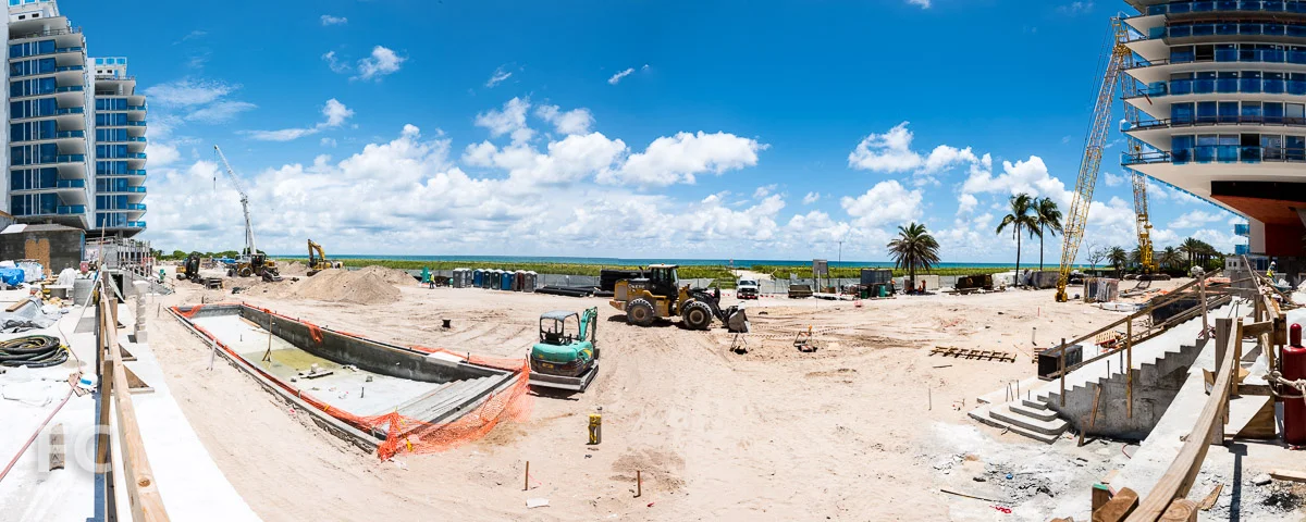 Panorama of the view of Surfside Beach from the amenity deck.