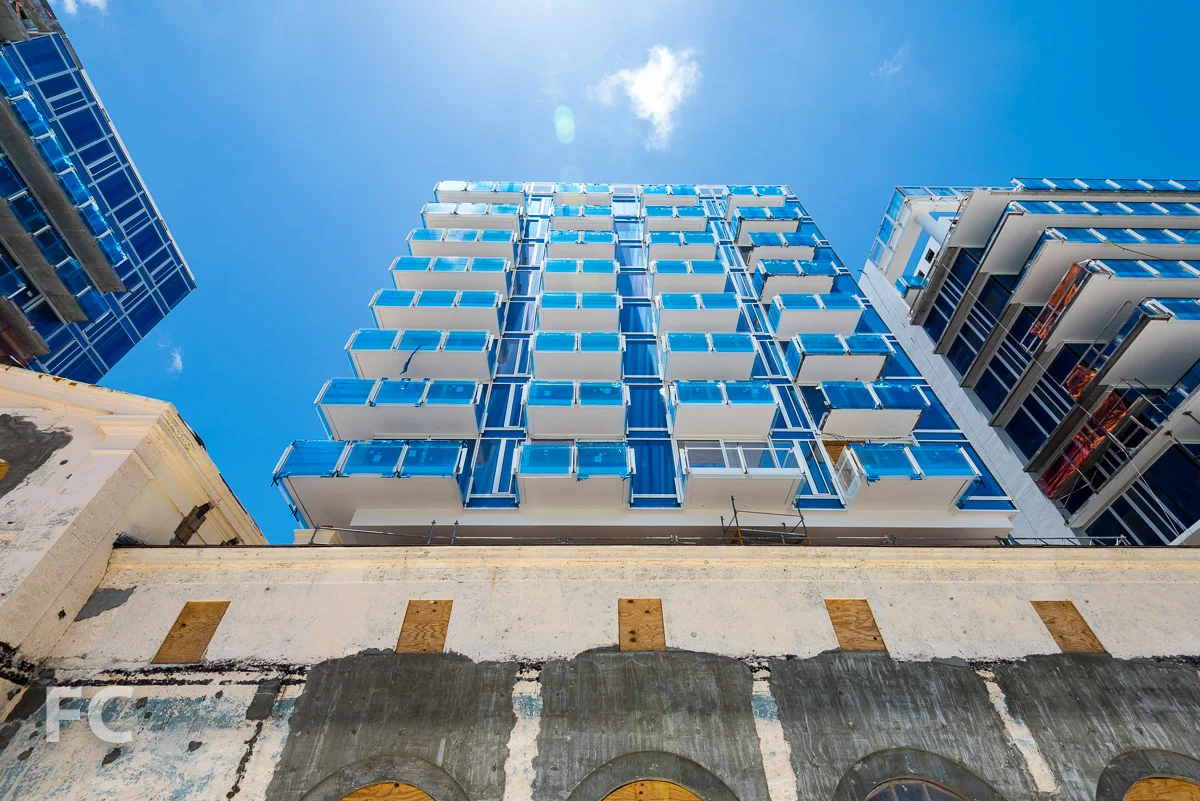 Looking up at the east façade of the north tower.
