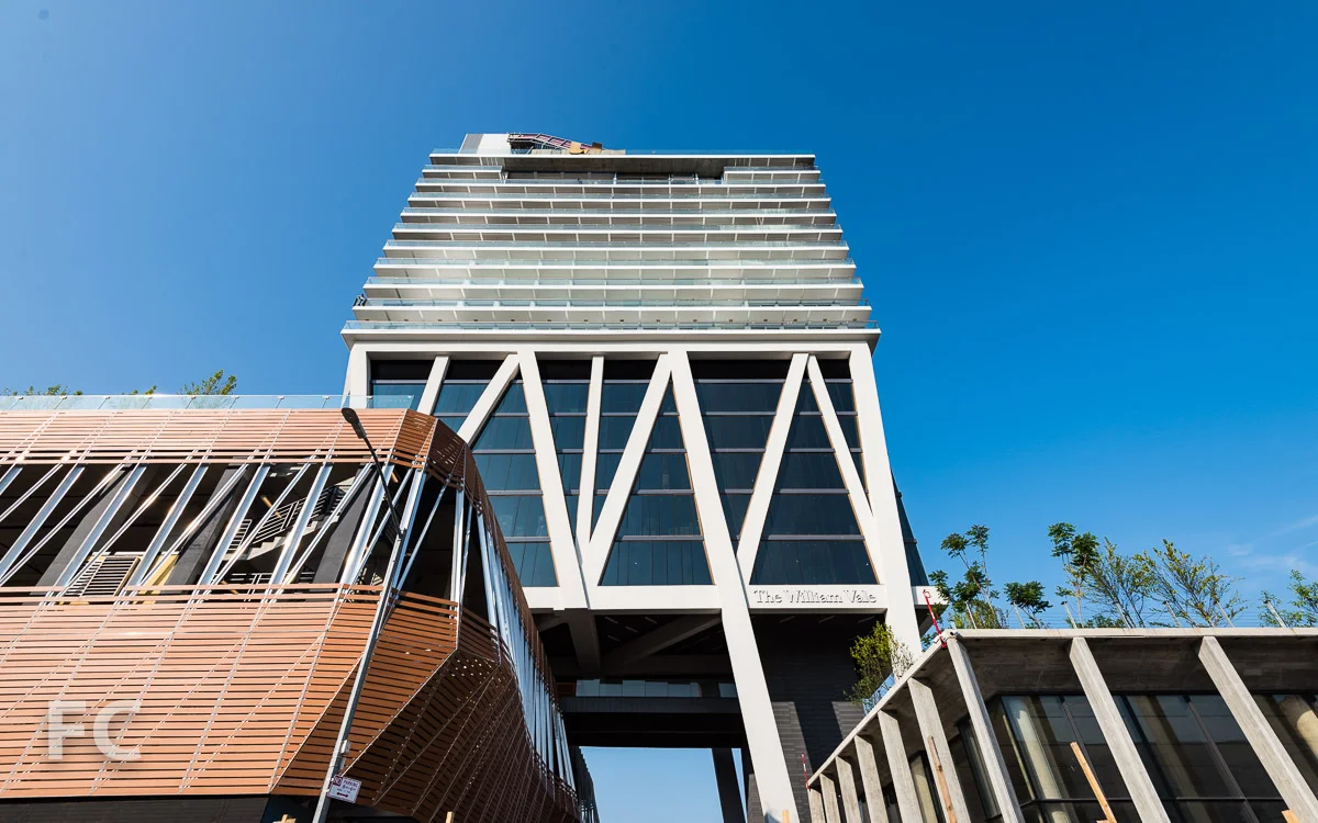 Looking up at the north facade from North 13th Street.