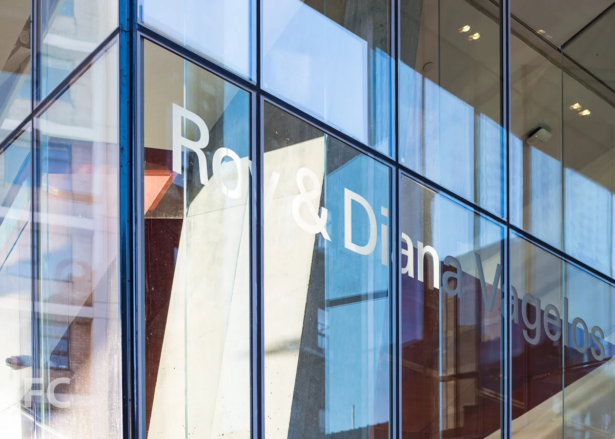 Building name signage at the southeast corner of the lobby.