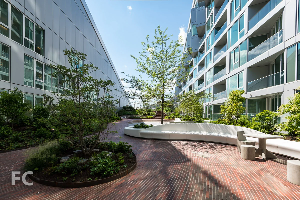 Organic bench seating in the courtyard.