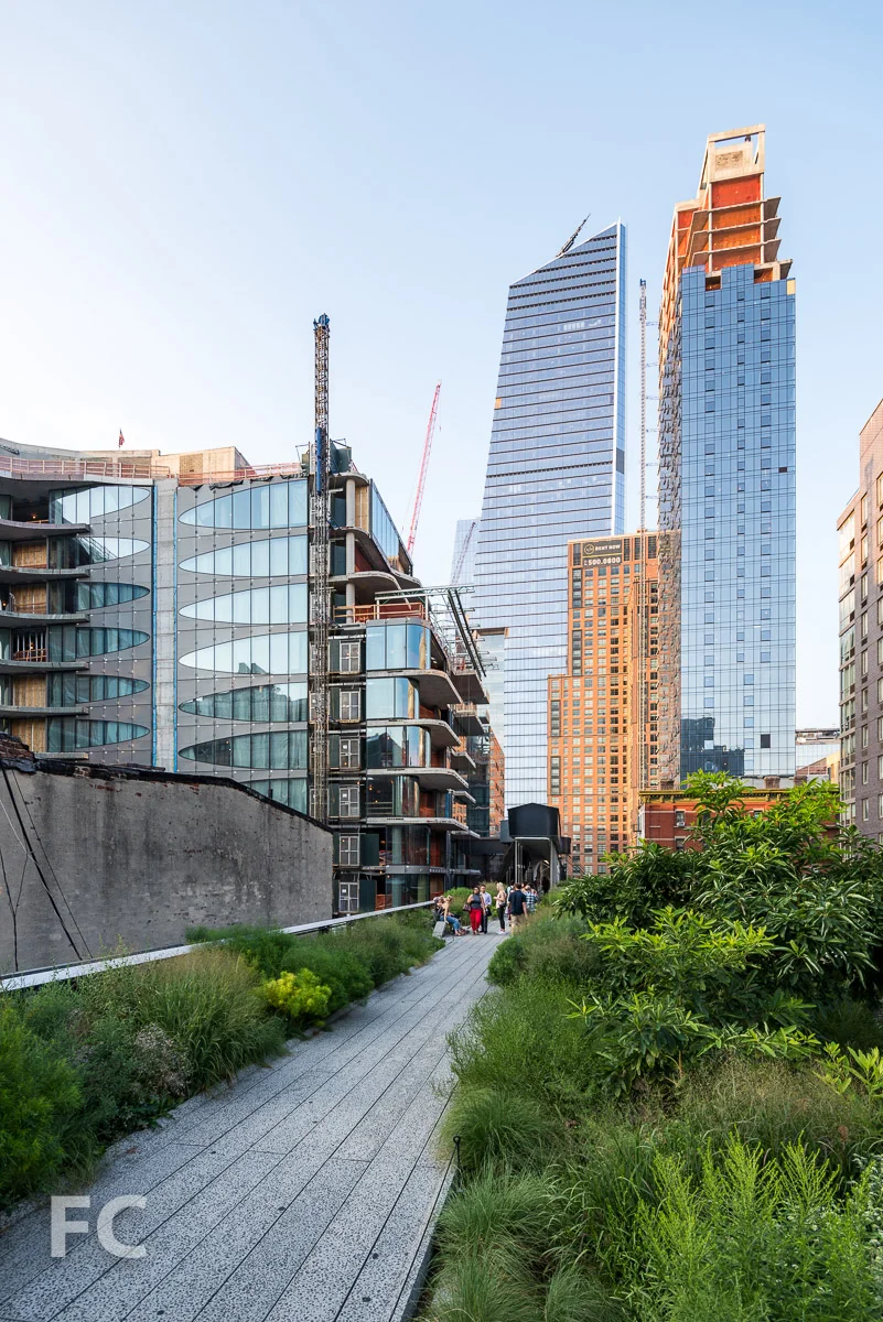 Looking north from the High Line towards 520 W 28 (left), 10 Hudson Yards (right), and 507 W 28 (far right).