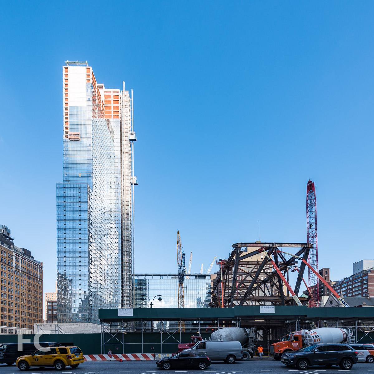 East boundary of the development with 401 West 31st Street (left), 5 Manhattan West (center), and One Manhattan West (right). 
